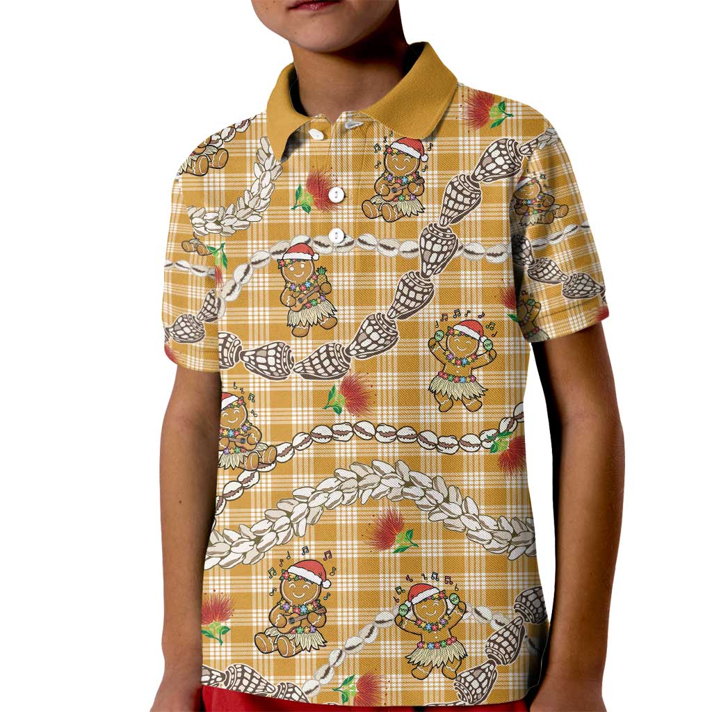 Gold Palaka Hawaii Mele Kalikimaka Kid Polo Shirt Ohia Lehua Shell Leis Funny Gingerbread Santa - Polynesian Pride