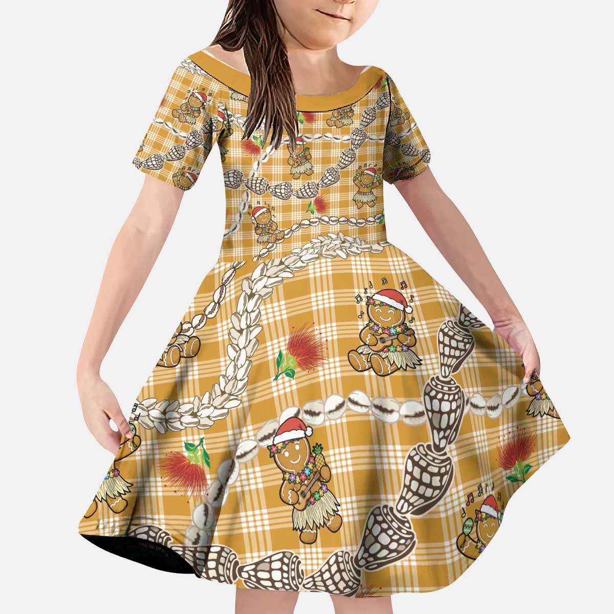 Gold Palaka Hawaii Mele Kalikimaka Kid Short Sleeve Dress Ohia Lehua Shell Leis Funny Gingerbread Santa - Polynesian Pride