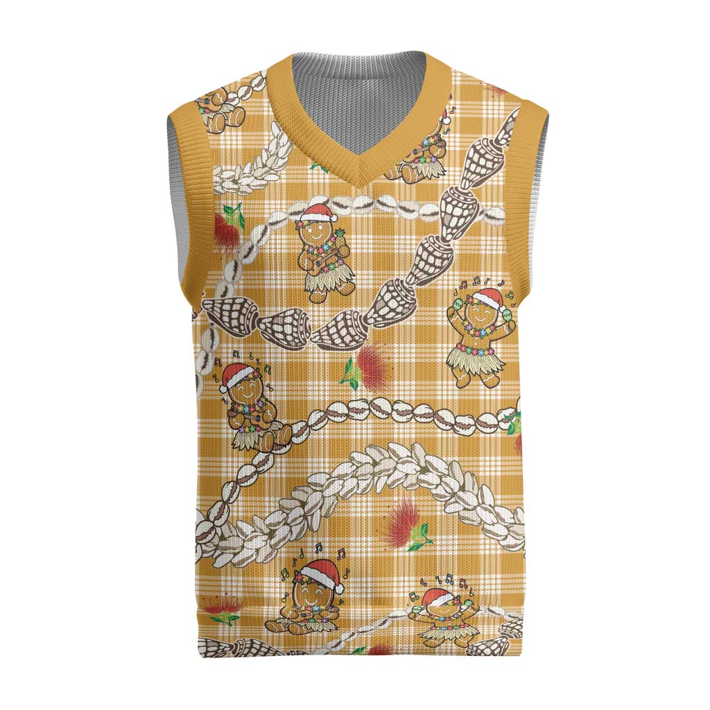 Gold Palaka Hawaii Mele Kalikimaka Christmas Knitted V-Neck Vest Ohia Lehua Shell Leis Funny Gingerbread Santa - Polynesian Pride