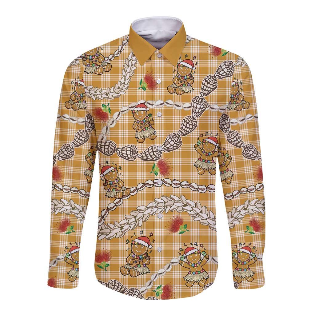 Gold Palaka Hawaii Mele Kalikimaka Long Sleeve Button Shirt Ohia Lehua Shell Leis Funny Gingerbread Santa - Polynesian Pride