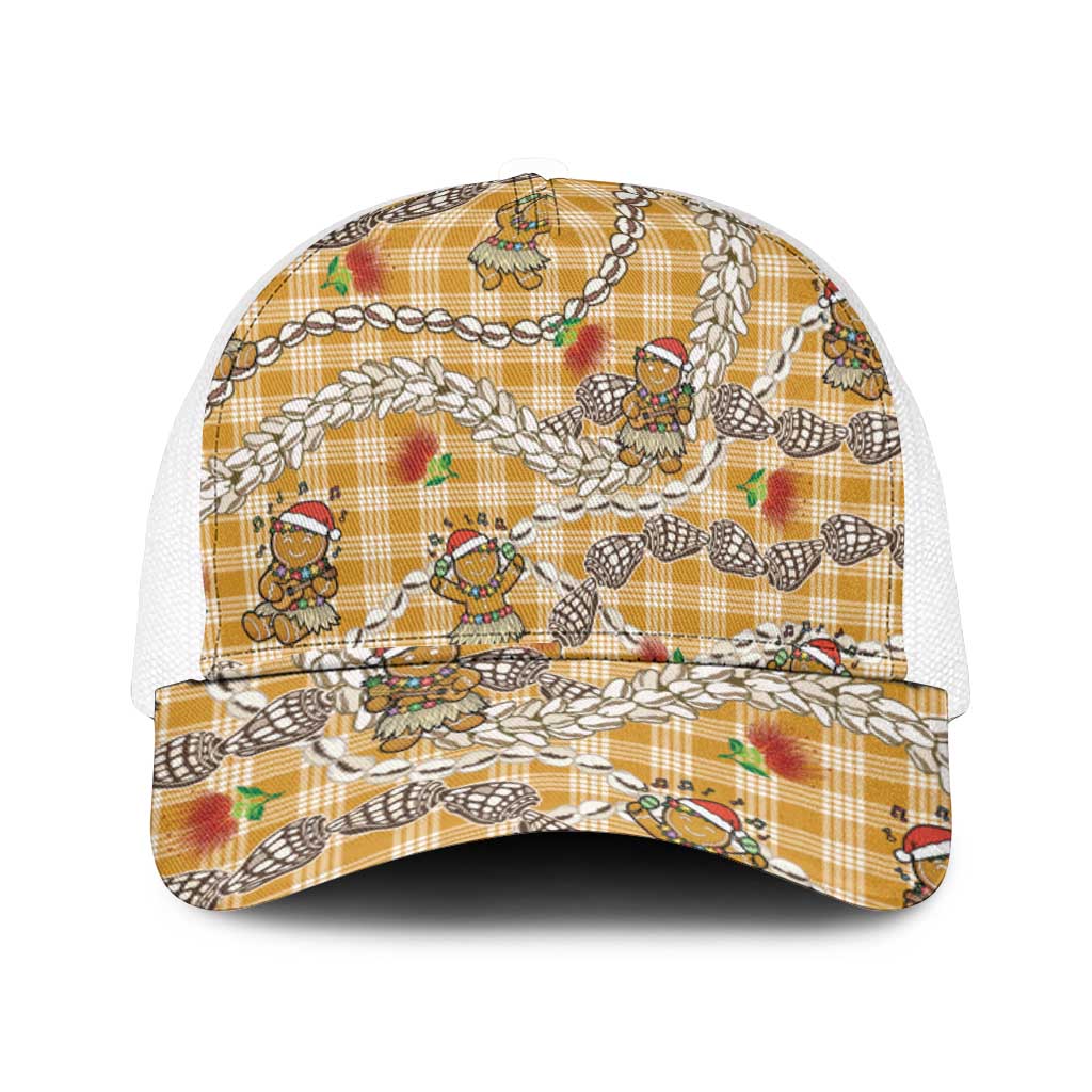 Gold Palaka Hawaii Mele Kalikimaka Mesh Trucker Cap Ohia Lehua Shell Leis Funny Gingerbread Santa - Polynesian Pride