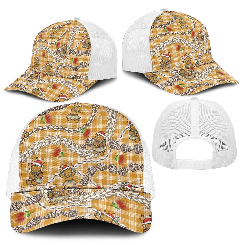 Gold Palaka Hawaii Mele Kalikimaka Mesh Trucker Cap Ohia Lehua Shell Leis Funny Gingerbread Santa - Polynesian Pride