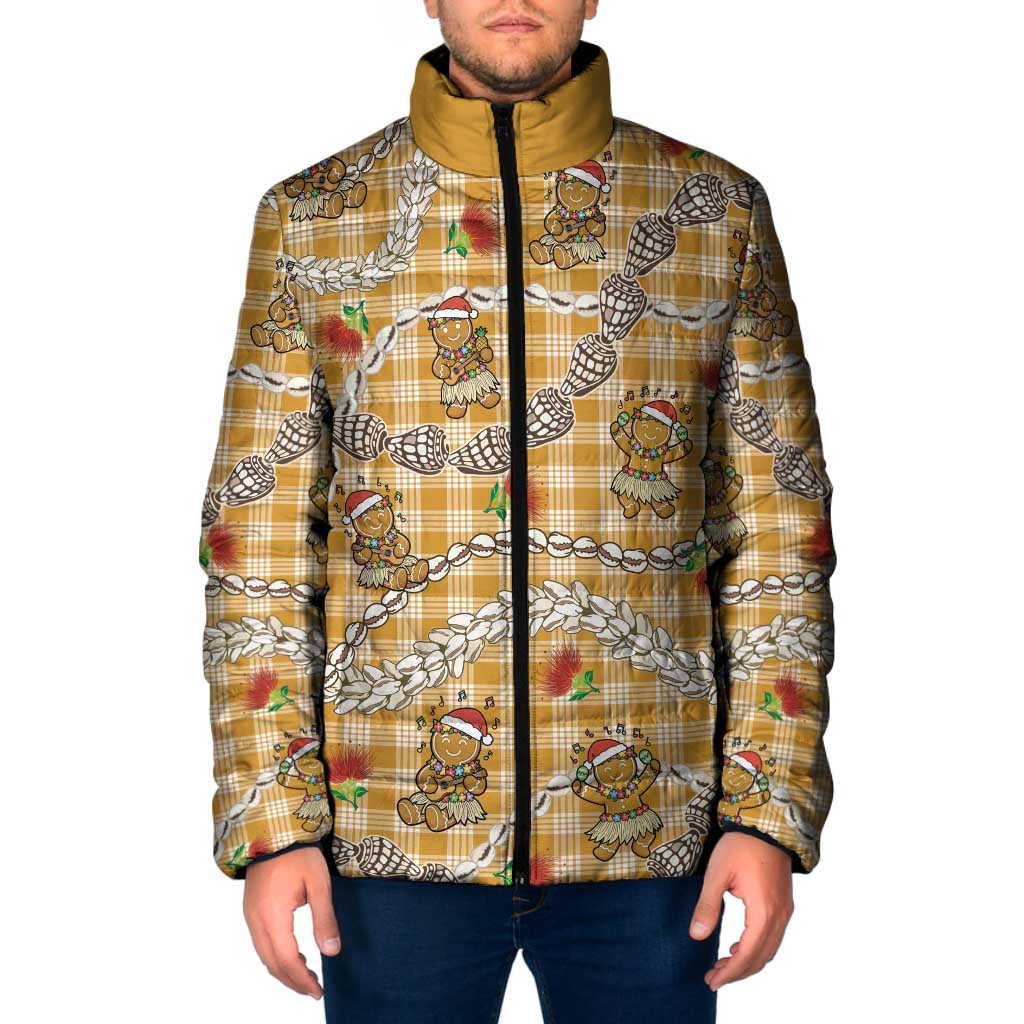 Gold Palaka Hawaii Mele Kalikimaka Padded Jacket Ohia Lehua Shell Leis Funny Gingerbread Santa - Polynesian Pride