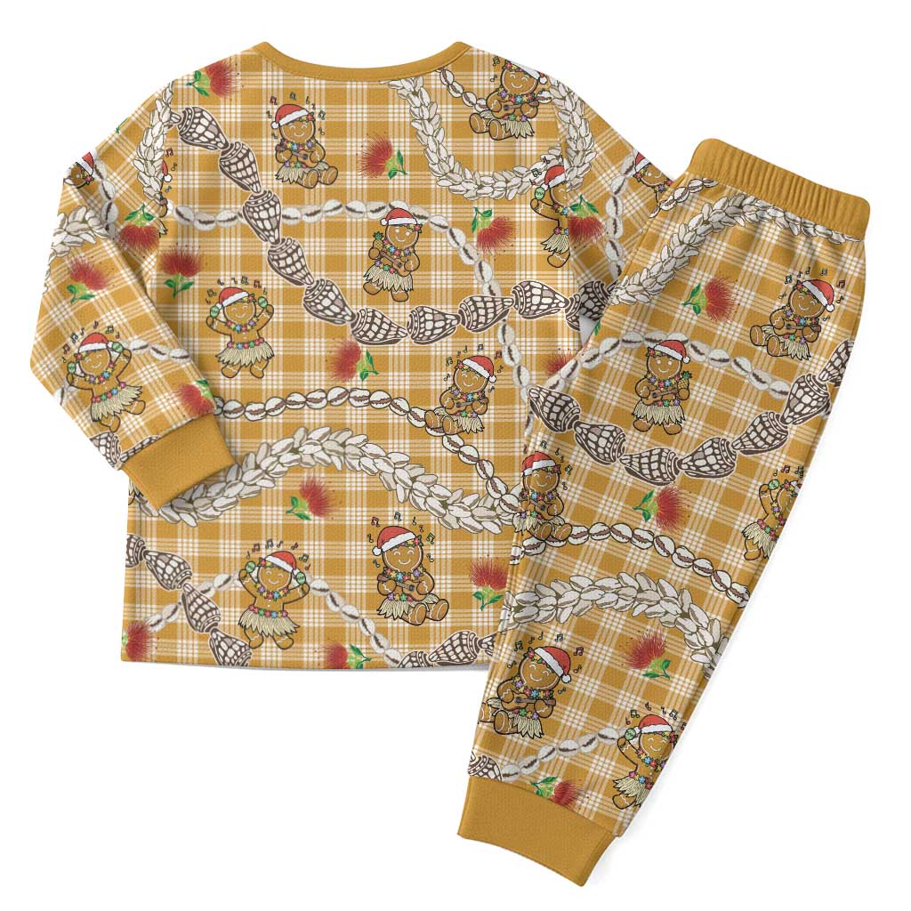 Gold Palaka Hawaii Mele Kalikimaka Christmas Pajama Set Ohia Lehua Shell Leis Funny Gingerbread Santa - Polynesian Pride