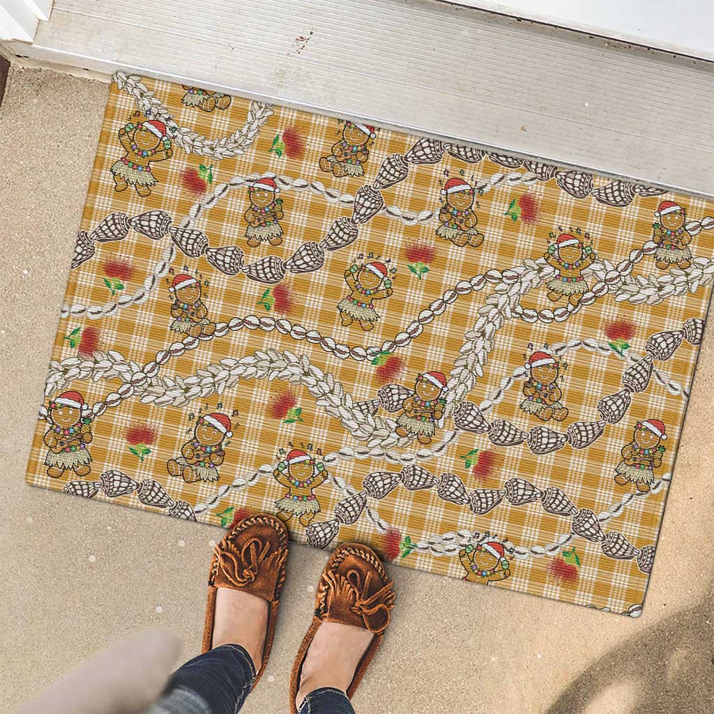 Gold Palaka Hawaii Mele Kalikimaka Rubber Doormat Ohia Lehua Shell Leis Funny Gingerbread Santa - Polynesian Pride