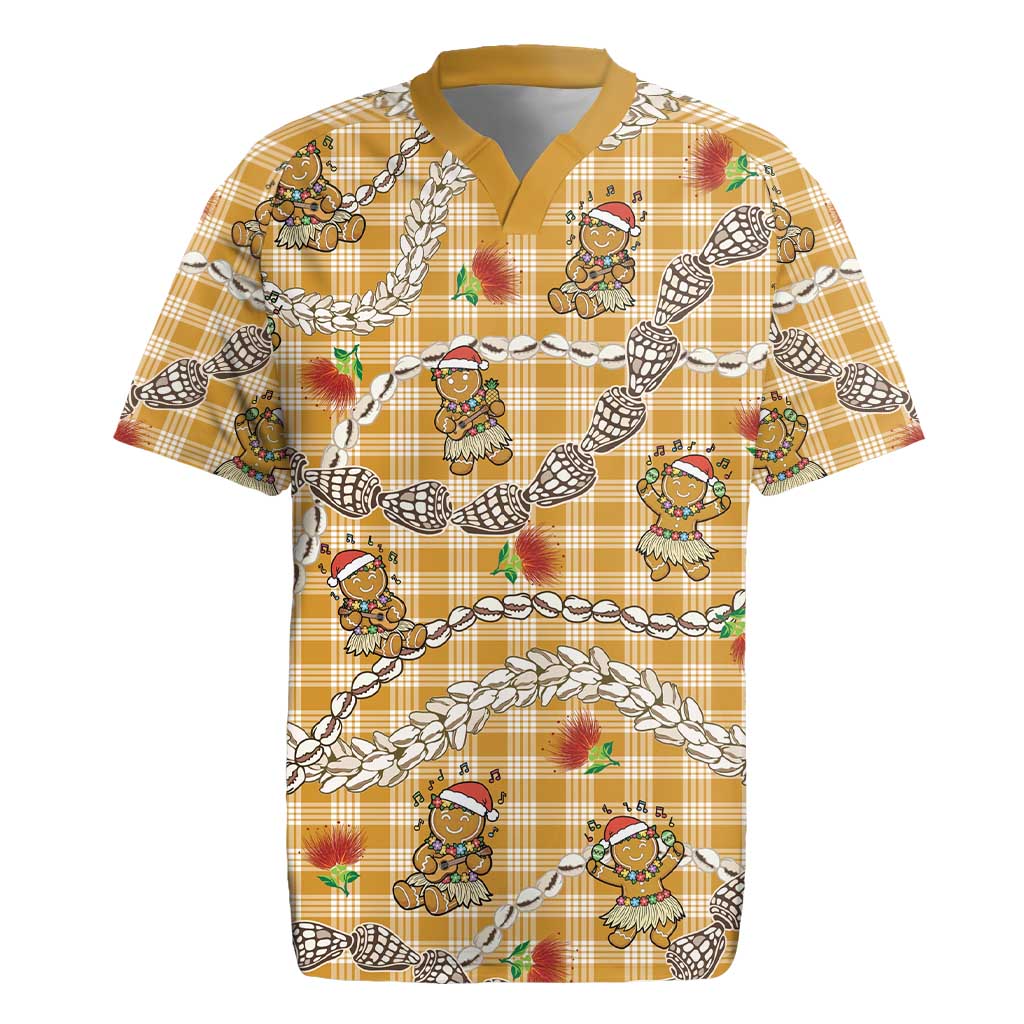 Gold Palaka Hawaii Mele Kalikimaka Rugby Jersey Ohia Lehua Shell Leis Funny Gingerbread Santa - Polynesian Pride