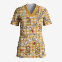 Gold Palaka Hawaii Mele Kalikimaka Scrub Top Ohia Lehua Shell Leis Funny Gingerbread Santa - Polynesian Pride