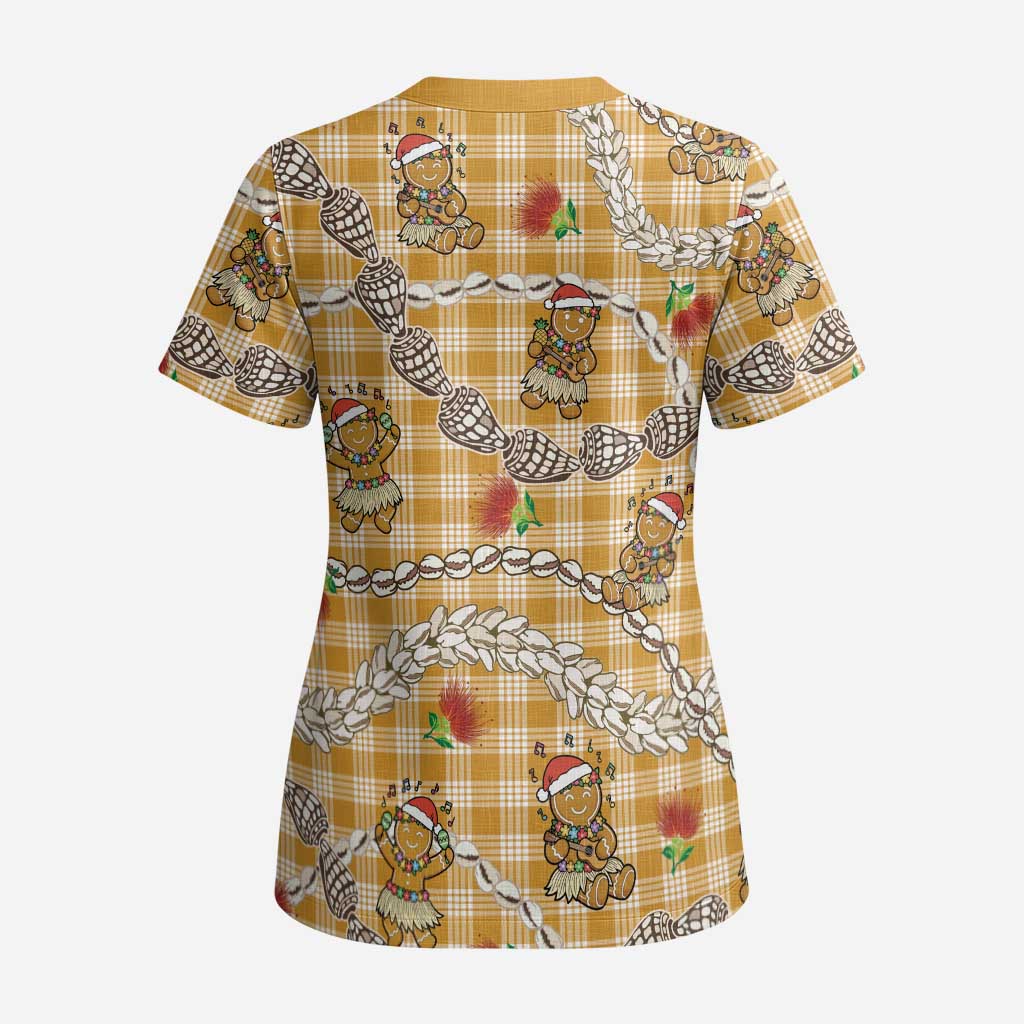 Gold Palaka Hawaii Mele Kalikimaka Scrub Top Ohia Lehua Shell Leis Funny Gingerbread Santa - Polynesian Pride