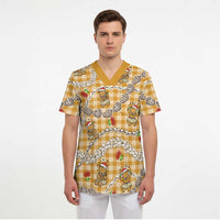 Gold Palaka Hawaii Mele Kalikimaka Scrub Top Ohia Lehua Shell Leis Funny Gingerbread Santa - Polynesian Pride