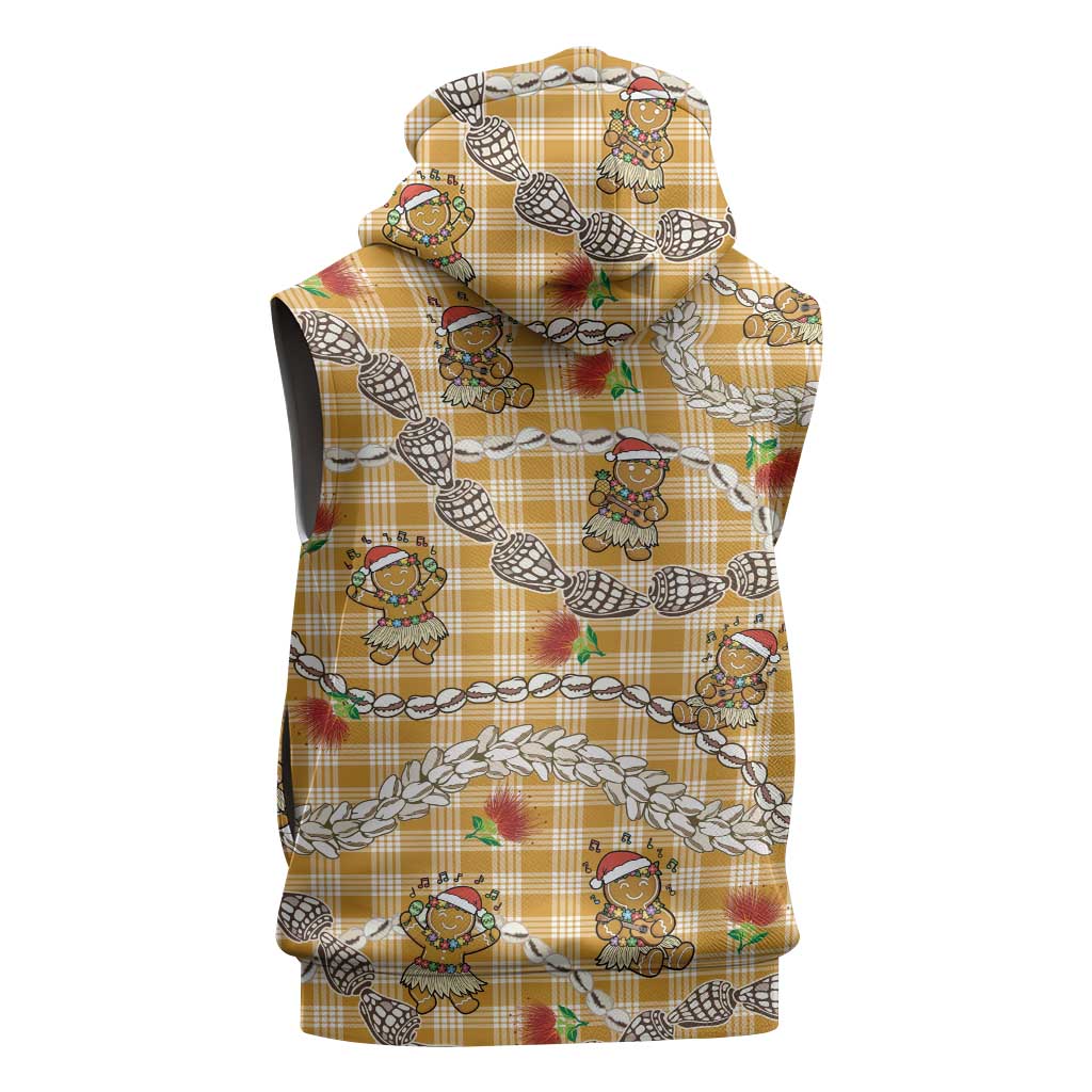 Gold Palaka Hawaii Mele Kalikimaka Sleeveless Hoodie Ohia Lehua Shell Leis Funny Gingerbread Santa - Polynesian Pride