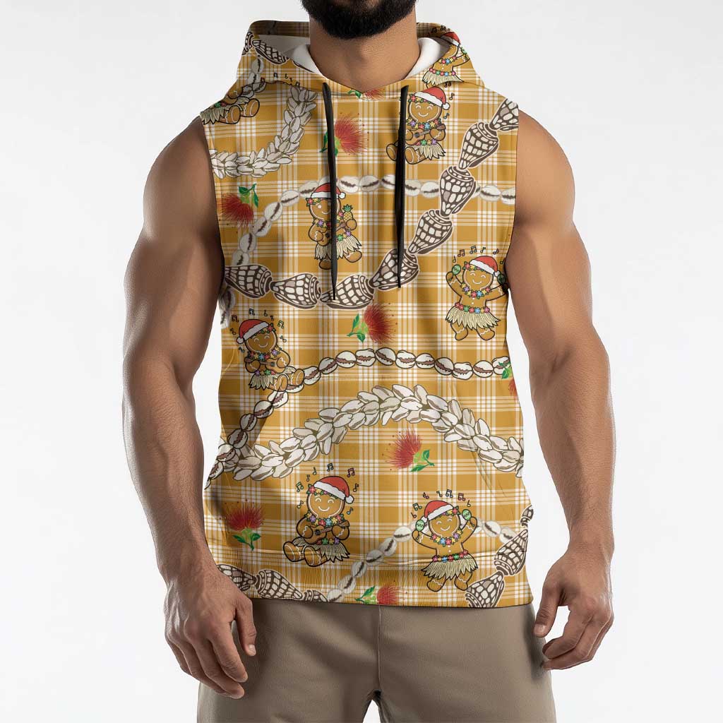Gold Palaka Hawaii Mele Kalikimaka Sleeveless Hoodie Ohia Lehua Shell Leis Funny Gingerbread Santa - Polynesian Pride