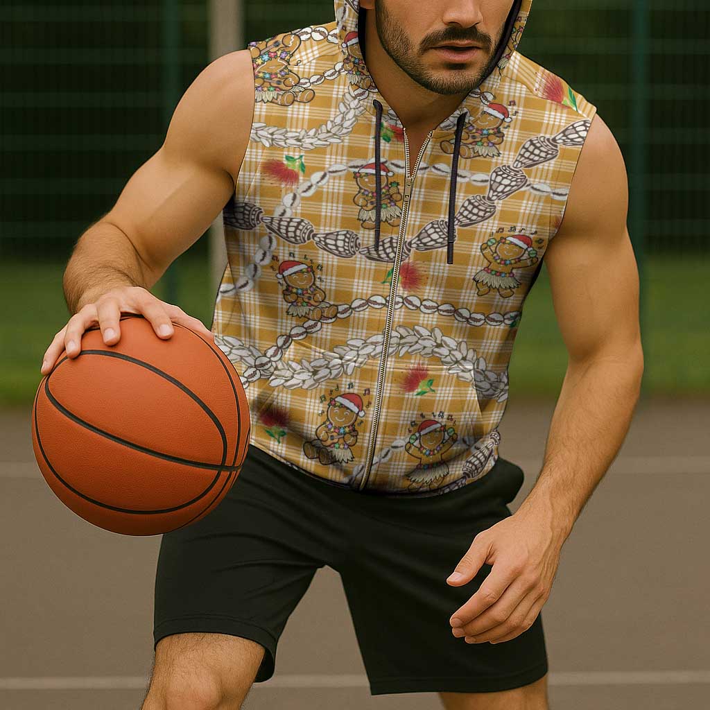 Gold Palaka Hawaii Mele Kalikimaka Sleeveless Zip Hoodie Ohia Lehua Shell Leis Funny Gingerbread Santa - Polynesian Pride