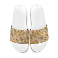 Gold Palaka Hawaii Mele Kalikimaka Slide Sandals Ohia Lehua Shell Leis Funny Gingerbread Santa - Polynesian Pride