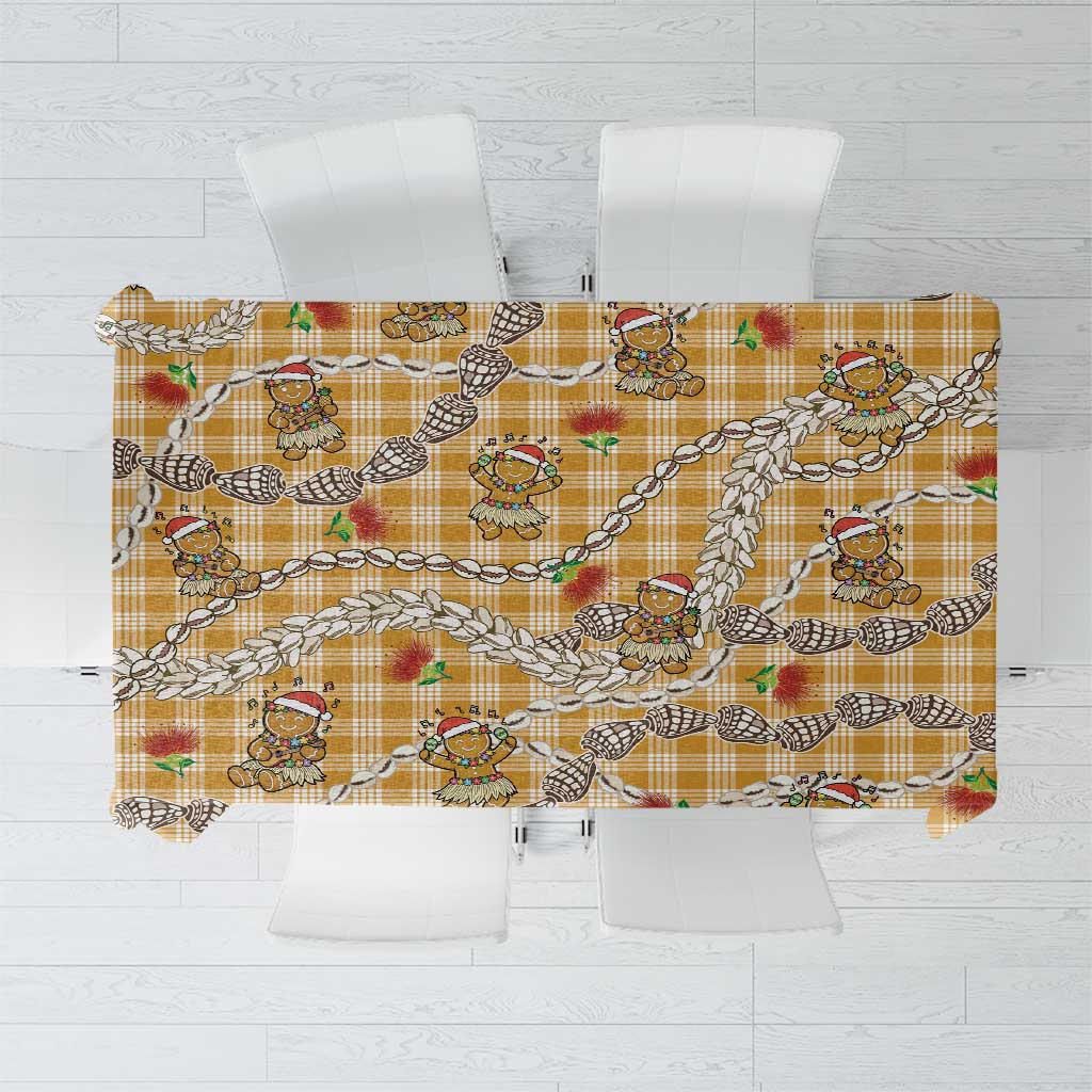 Gold Palaka Hawaii Mele Kalikimaka Tablecloth Ohia Lehua Shell Leis Funny Gingerbread Santa - Polynesian Pride