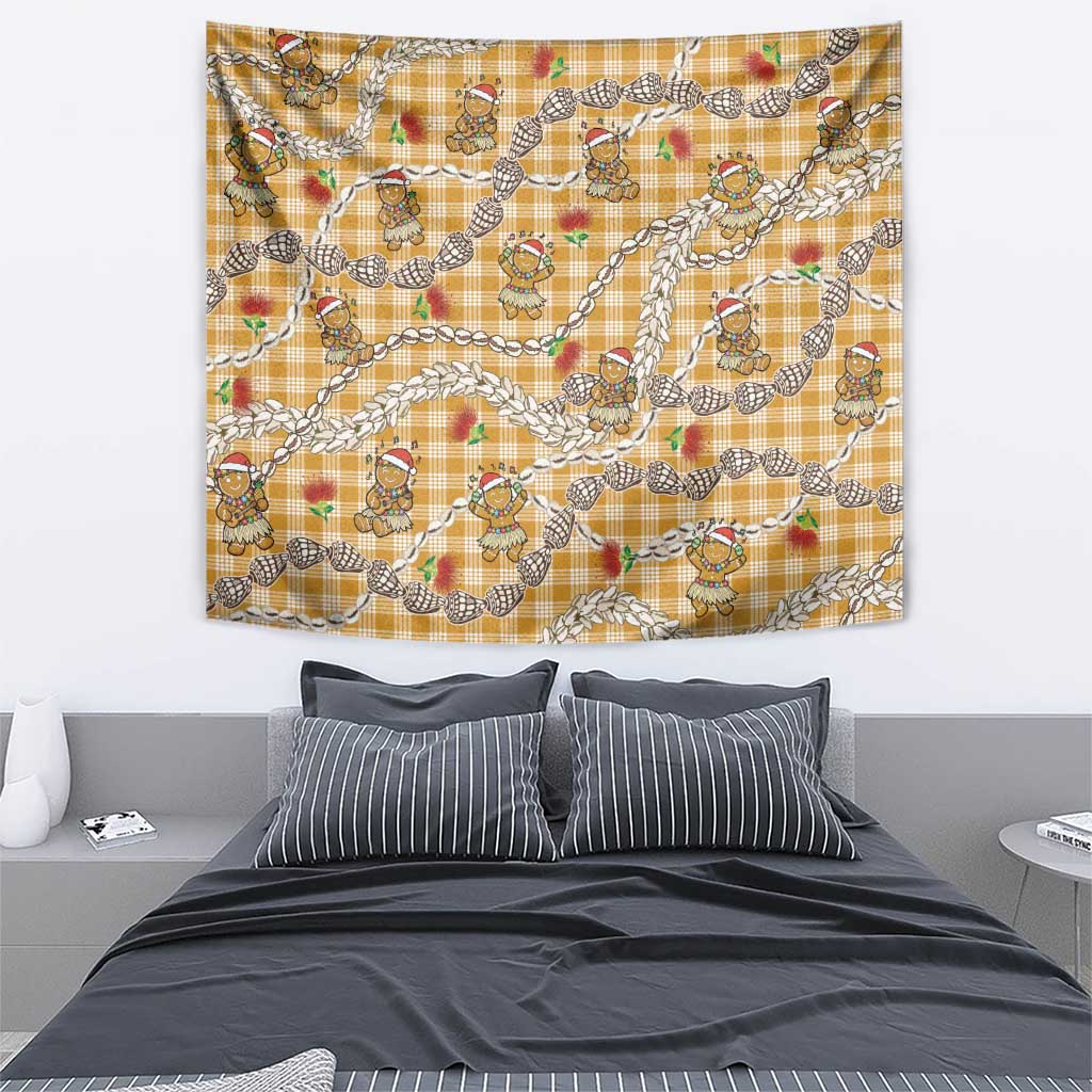 Gold Palaka Hawaii Mele Kalikimaka Tapestry Ohia Lehua Shell Leis Funny Gingerbread Santa - Polynesian Pride