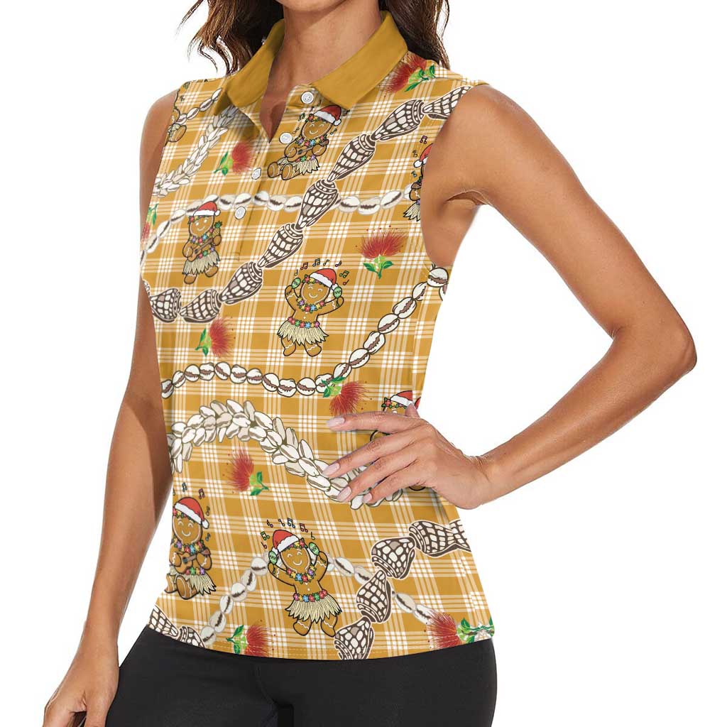 Gold Palaka Hawaii Mele Kalikimaka Women Sleeveless Polo Shirt Ohia Lehua Shell Leis Funny Gingerbread Santa - Polynesian Pride