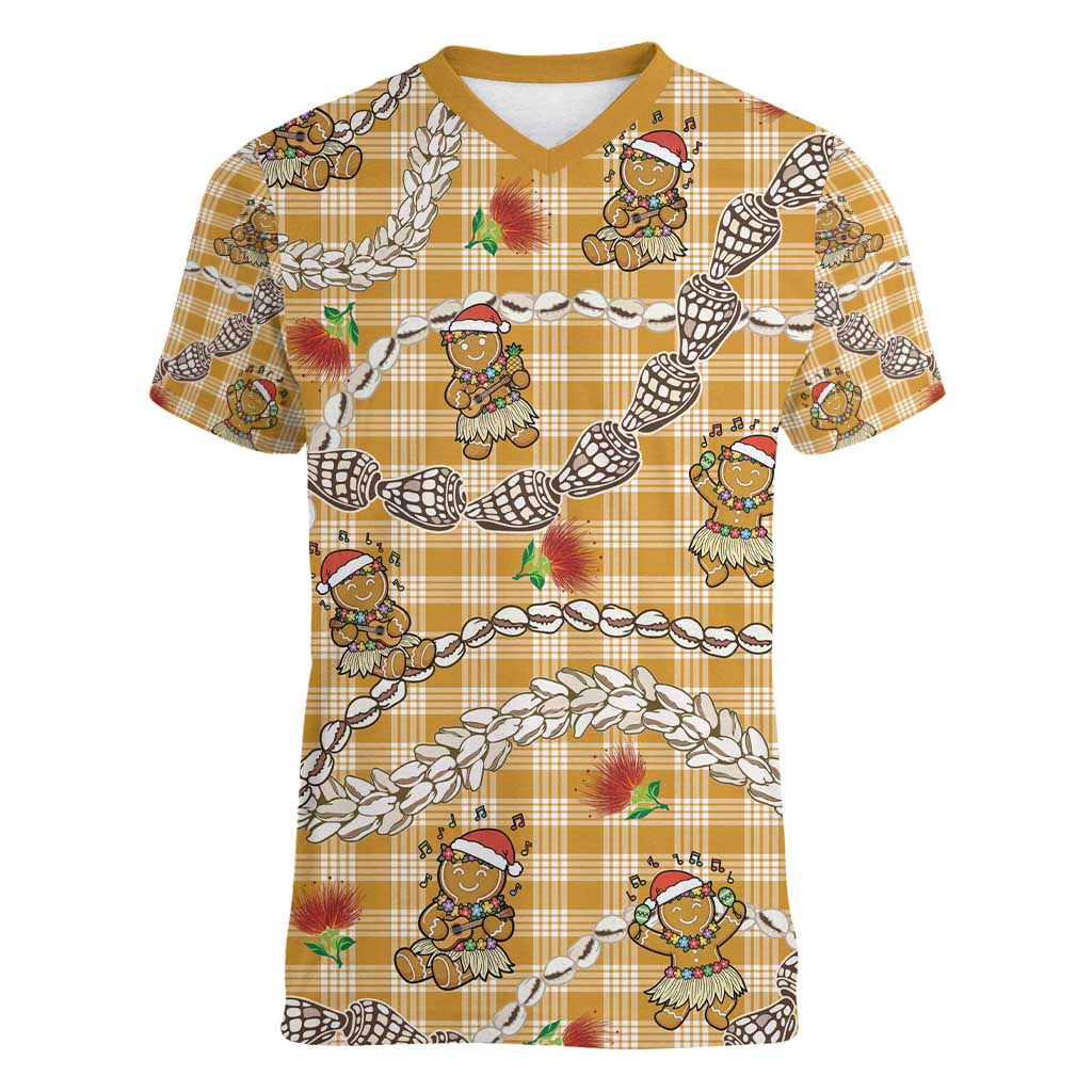 Gold Palaka Hawaii Mele Kalikimaka Women V-Neck T-Shirt Ohia Lehua Shell Leis Funny Gingerbread Santa - Polynesian Pride