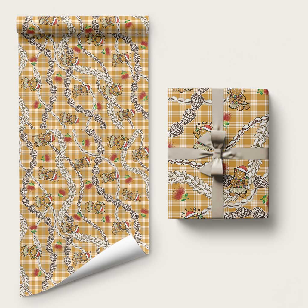 Gold Palaka Hawaii Mele Kalikimaka Wrapping Paper Ohia Lehua Shell Leis Funny Gingerbread Santa - Polynesian Pride