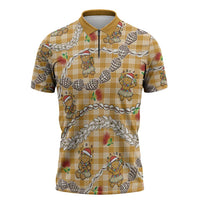 Gold Palaka Hawaii Mele Kalikimaka Zipper Polo Shirt Ohia Lehua Shell Leis Funny Gingerbread Santa - Polynesian Pride