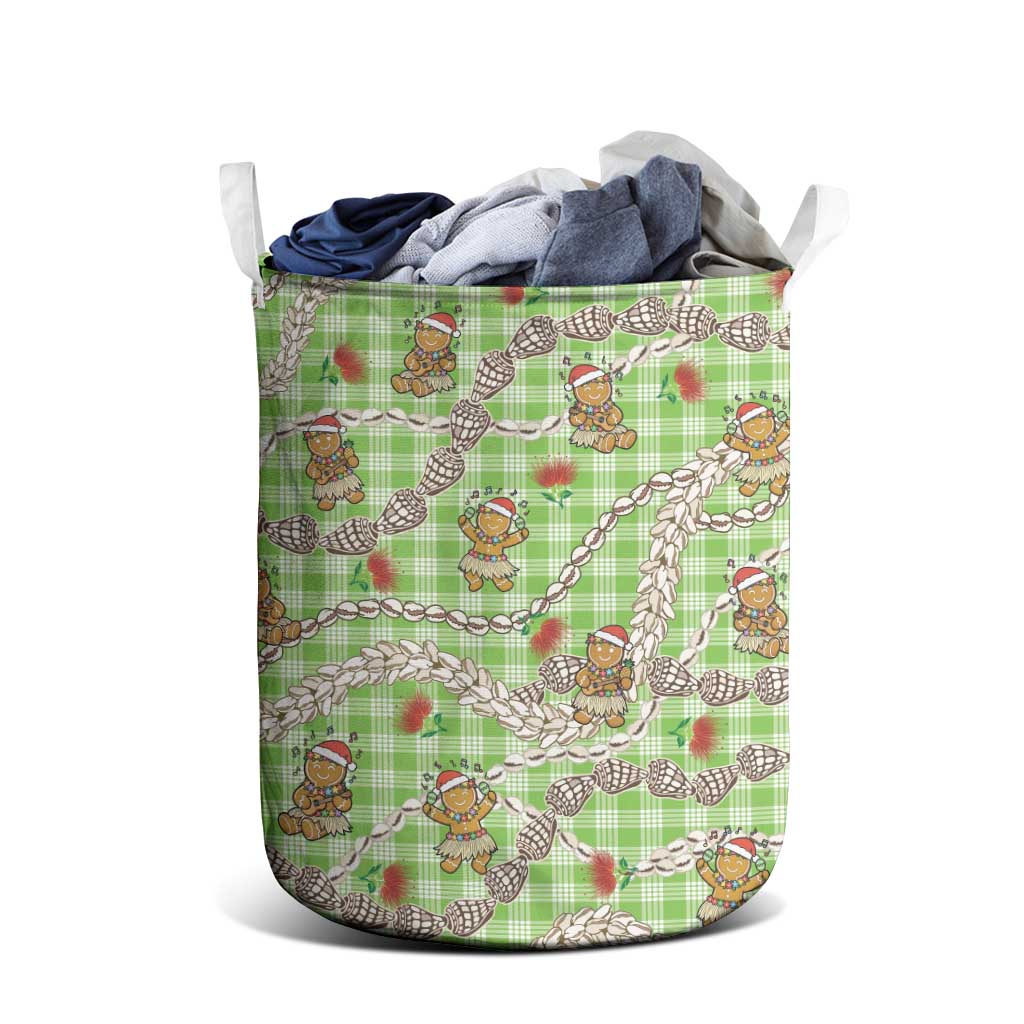 Green Palaka Hawaii Mele Kalikimaka Laundry Basket Ohia Lehua Shell Leis Funny Gingerbread Santa - Polynesian Pride