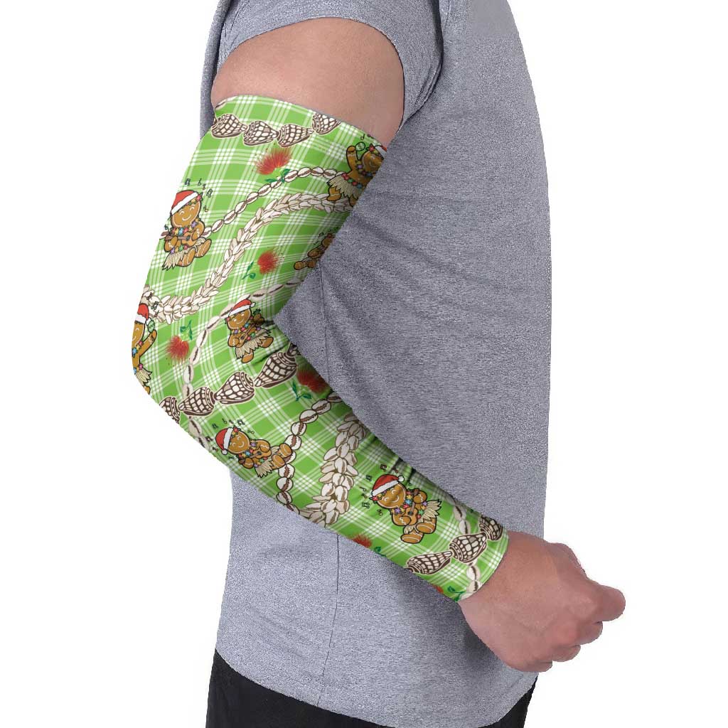 Green Palaka Hawaii Mele Kalikimaka Arm Sleeves Ohia Lehua Shell Leis Funny Gingerbread Santa - Polynesian Pride