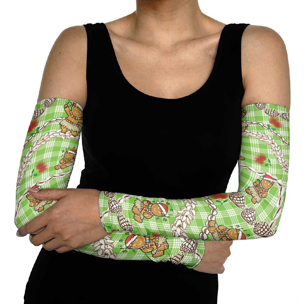 Green Palaka Hawaii Mele Kalikimaka Arm Sleeves Ohia Lehua Shell Leis Funny Gingerbread Santa - Polynesian Pride