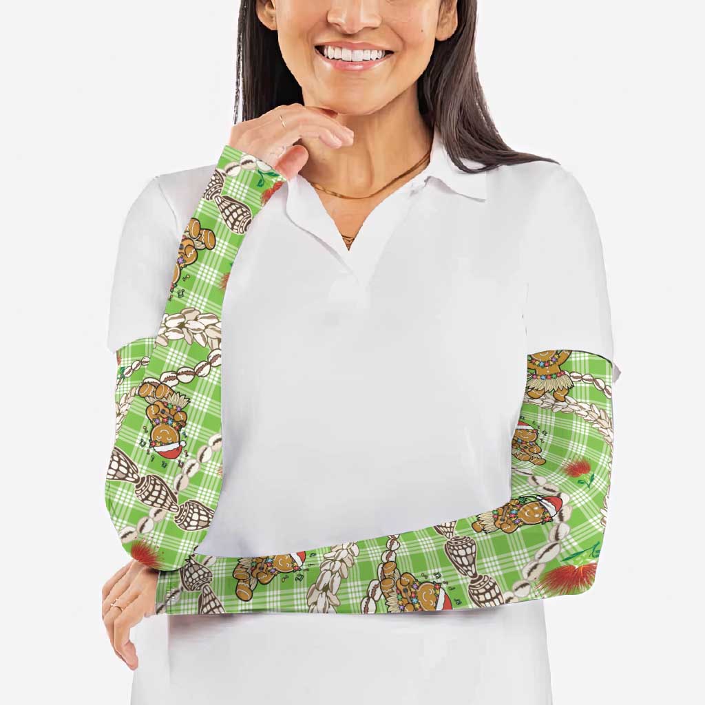 Green Palaka Hawaii Mele Kalikimaka Arm Sleeves Ohia Lehua Shell Leis Funny Gingerbread Santa - Polynesian Pride
