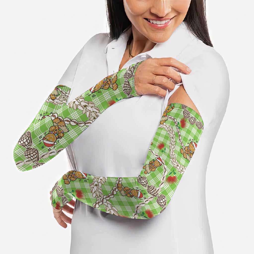 Green Palaka Hawaii Mele Kalikimaka Arm Sleeves Ohia Lehua Shell Leis Funny Gingerbread Santa - Polynesian Pride