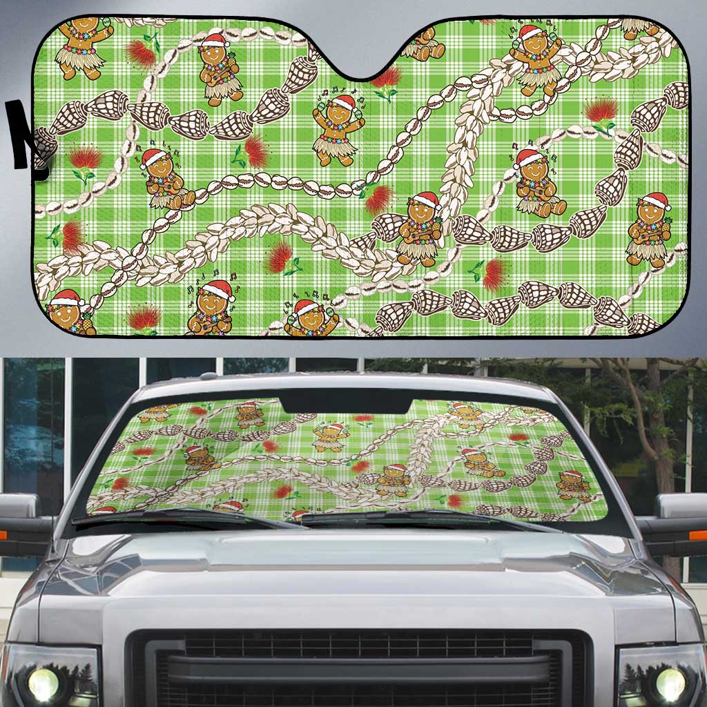 Green Palaka Hawaii Mele Kalikimaka Auto Sun Shade Ohia Lehua Shell Leis Funny Gingerbread Santa - Polynesian Pride