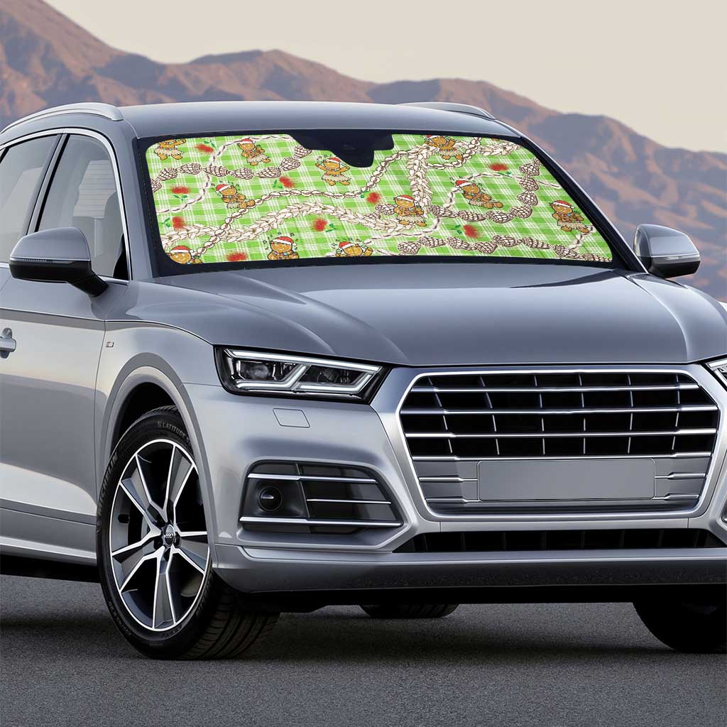 Green Palaka Hawaii Mele Kalikimaka Auto Sun Shade Ohia Lehua Shell Leis Funny Gingerbread Santa - Polynesian Pride