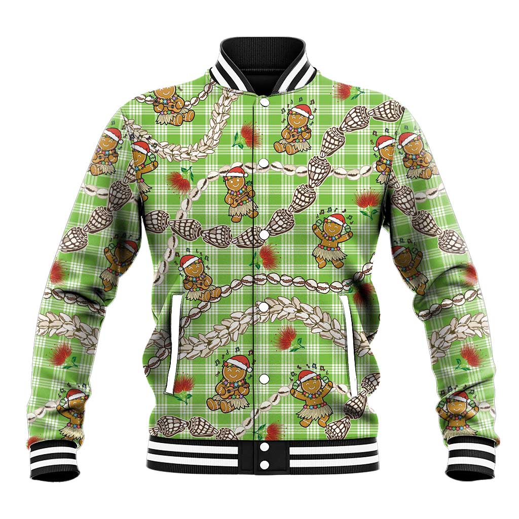 Green Palaka Hawaii Mele Kalikimaka Baseball Jacket Ohia Lehua Shell Leis Funny Gingerbread Santa - Polynesian Pride