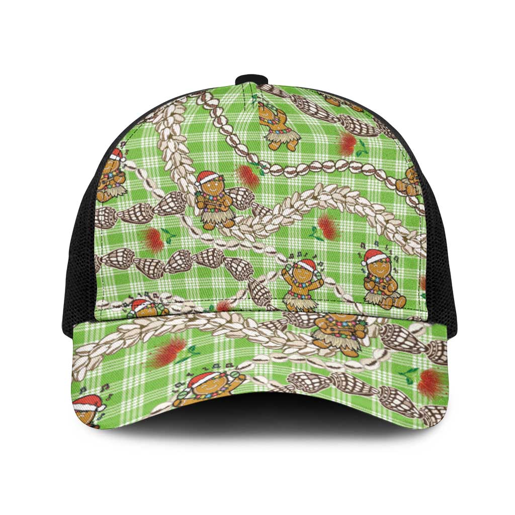 Green Palaka Hawaii Mele Kalikimaka Baseball Net Cap Ohia Lehua Shell Leis Funny Gingerbread Santa - Polynesian Pride