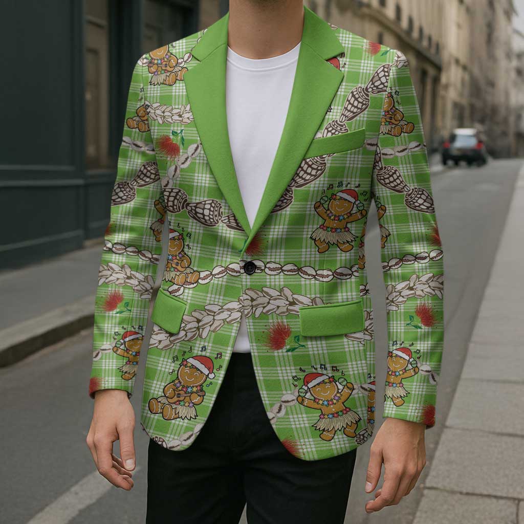Green Palaka Hawaii Mele Kalikimaka Blazer Ohia Lehua Shell Leis Funny Gingerbread Santa - Polynesian Pride