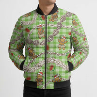 Green Palaka Hawaii Mele Kalikimaka Bomber Puffer Jacket Ohia Lehua Shell Leis Funny Gingerbread Santa - Polynesian Pride