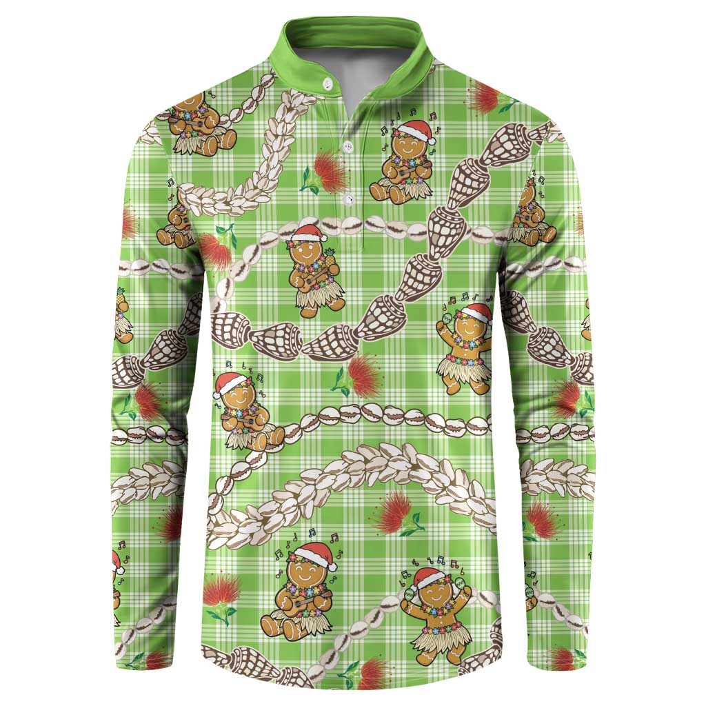 Green Palaka Hawaii Mele Kalikimaka Button Sweatshirt Ohia Lehua Shell Leis Funny Gingerbread Santa - Polynesian Pride