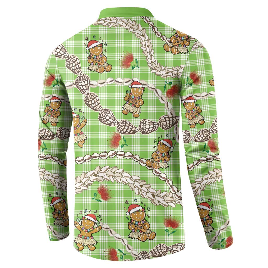 Green Palaka Hawaii Mele Kalikimaka Button Sweatshirt Ohia Lehua Shell Leis Funny Gingerbread Santa - Polynesian Pride