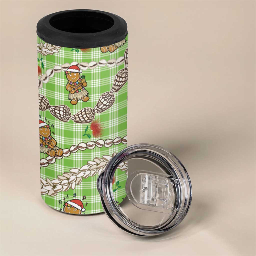Green Palaka Hawaii Mele Kalikimaka 4 in 1 Can Cooler Tumbler Ohia Lehua Shell Leis Funny Gingerbread Santa - Polynesian Pride