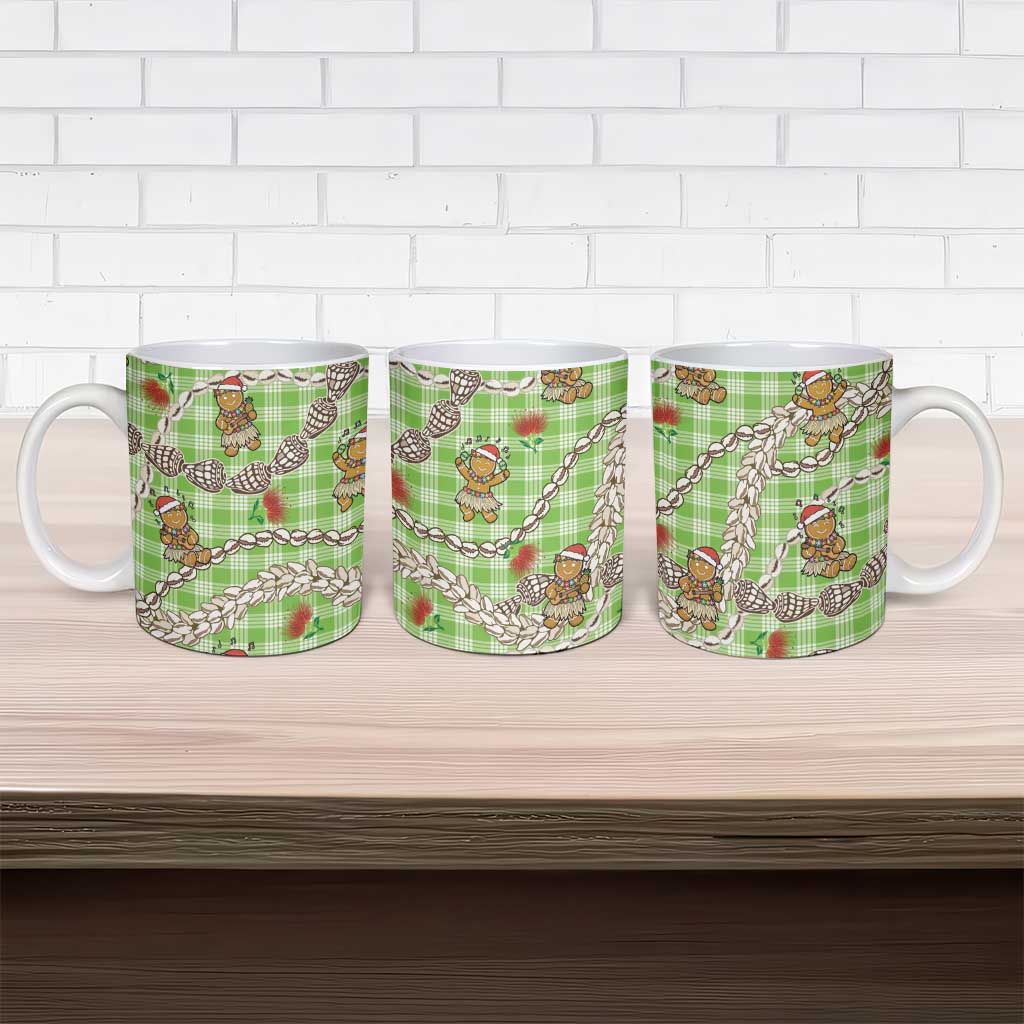 Green Palaka Hawaii Mele Kalikimaka Ceramic Mug Ohia Lehua Shell Leis Funny Gingerbread Santa - Polynesian Pride