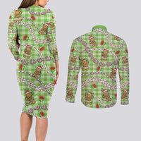 Green Palaka Hawaii Mele Kalikimaka Couples Matching Long Sleeve Bodycon Dress and Long Sleeve Button Shirt Ohia Lehua Shell Leis Funny Gingerbread Santa - Polynesian Pride