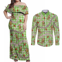 Green Palaka Hawaii Mele Kalikimaka Couples Matching Off Shoulder Maxi Dress and Long Sleeve Button Shirt Ohia Lehua Shell Leis Funny Gingerbread Santa - Polynesian Pride