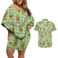 Green Palaka Hawaii Mele Kalikimaka Couples Matching Off Shoulder Short Dress and Hawaiian Shirt Ohia Lehua Shell Leis Funny Gingerbread Santa - Polynesian Pride