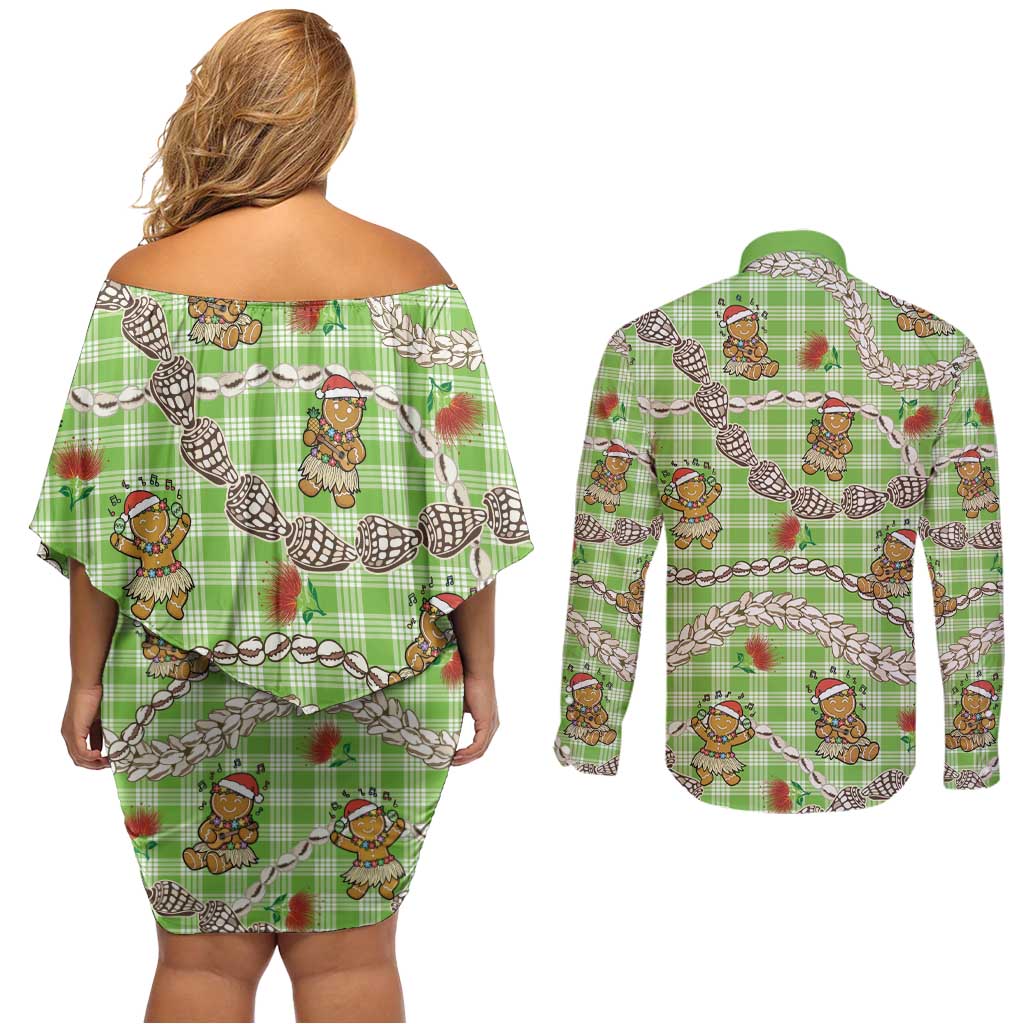 Green Palaka Hawaii Mele Kalikimaka Couples Matching Off Shoulder Short Dress and Long Sleeve Button Shirt Ohia Lehua Shell Leis Funny Gingerbread Santa - Polynesian Pride
