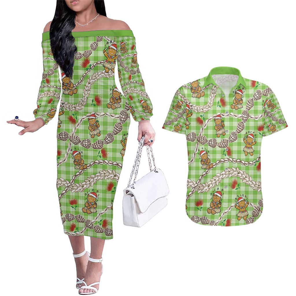 Green Palaka Hawaii Mele Kalikimaka Couples Matching Off The Shoulder Long Sleeve Dress and Hawaiian Shirt Ohia Lehua Shell Leis Funny Gingerbread Santa - Polynesian Pride