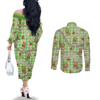 Green Palaka Hawaii Mele Kalikimaka Couples Matching Off The Shoulder Long Sleeve Dress and Long Sleeve Button Shirt Ohia Lehua Shell Leis Funny Gingerbread Santa - Polynesian Pride