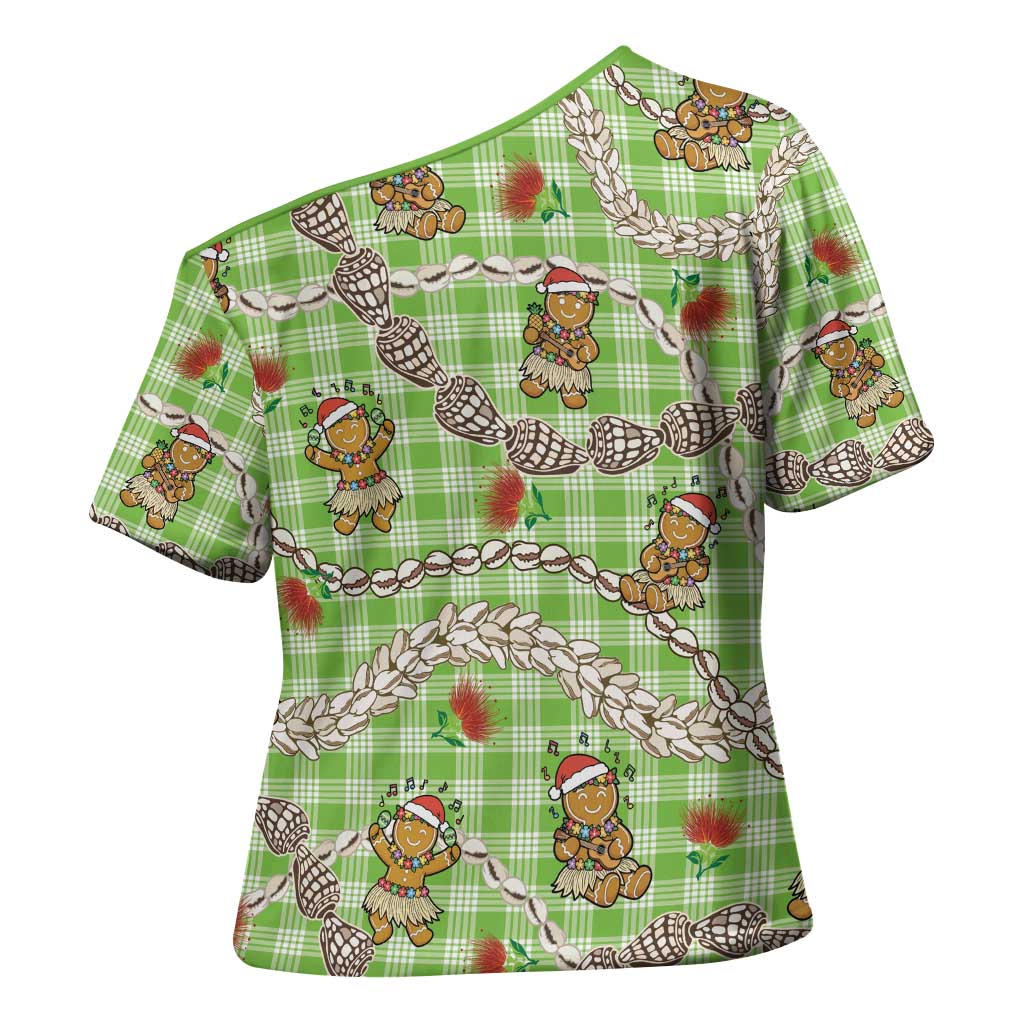 Green Palaka Hawaii Mele Kalikimaka Cross Shoulder Shirt Ohia Lehua Shell Leis Funny Gingerbread Santa - Polynesian Pride