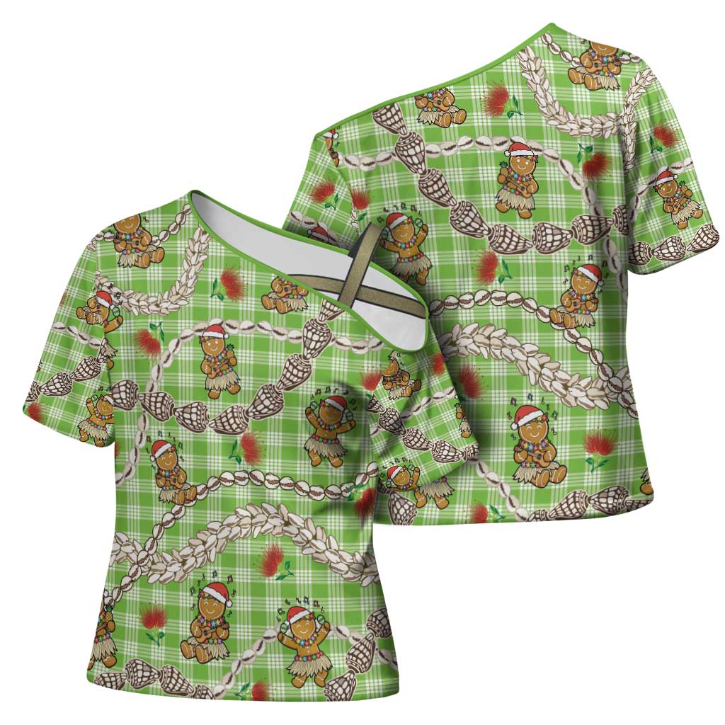 Green Palaka Hawaii Mele Kalikimaka Cross Shoulder Shirt Ohia Lehua Shell Leis Funny Gingerbread Santa - Polynesian Pride