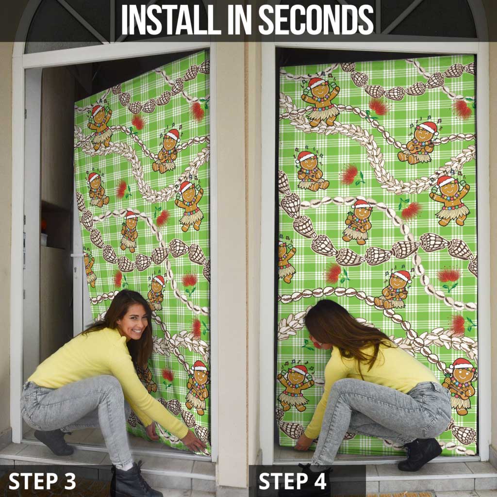 Green Palaka Hawaii Mele Kalikimaka Door Cover Ohia Lehua Shell Leis Funny Gingerbread Santa - Polynesian Pride