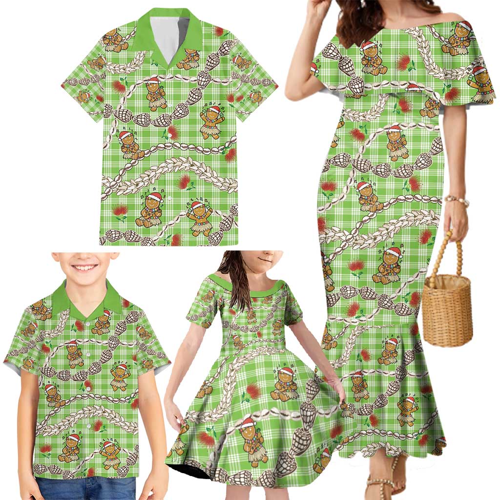Green Palaka Hawaii Mele Kalikimaka Family Matching Mermaid Dress and Hawaiian Shirt Ohia Lehua Shell Leis Funny Gingerbread Santa - Polynesian Pride