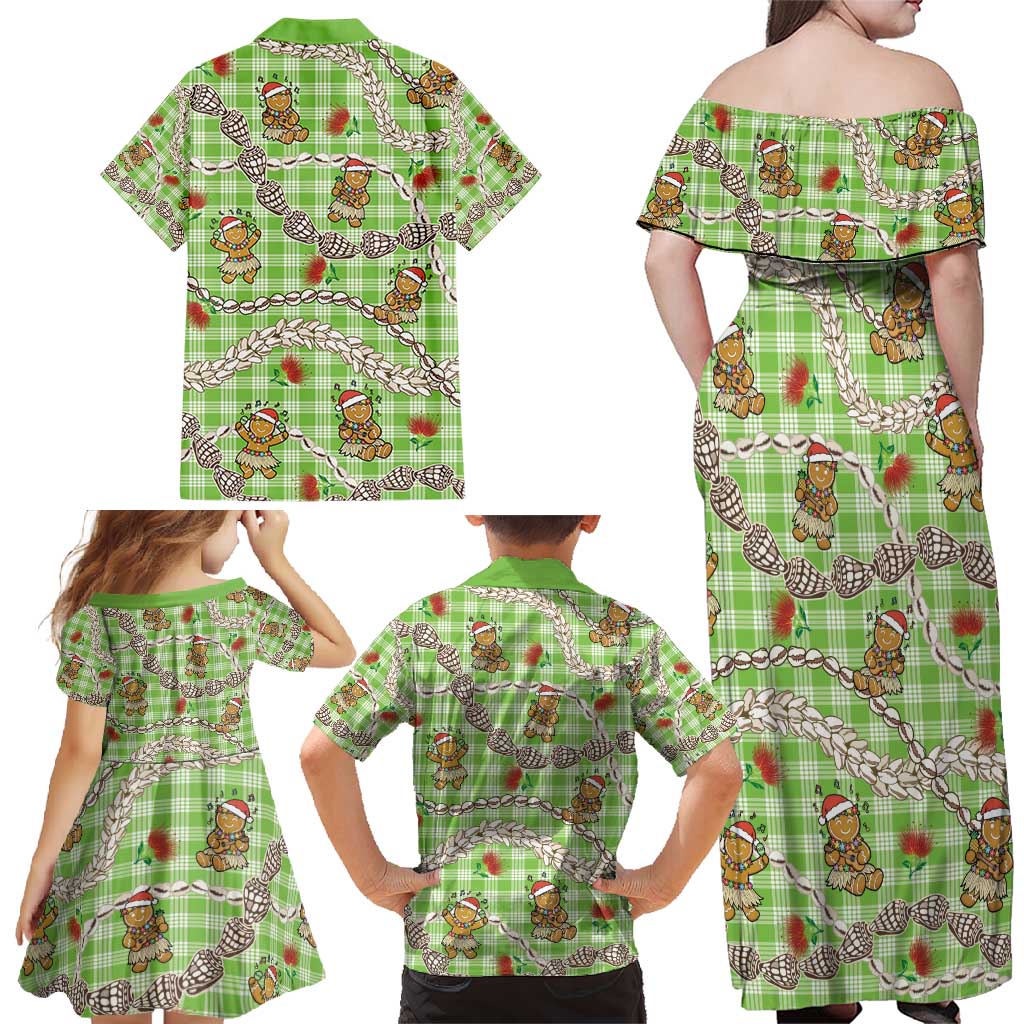 Green Palaka Hawaii Mele Kalikimaka Family Matching Off Shoulder Maxi Dress and Hawaiian Shirt Ohia Lehua Shell Leis Funny Gingerbread Santa - Polynesian Pride