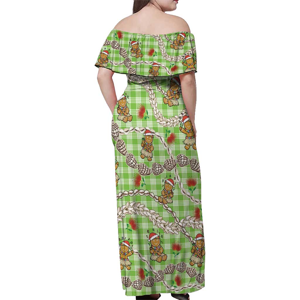 Green Palaka Hawaii Mele Kalikimaka Family Matching Off Shoulder Maxi Dress and Hawaiian Shirt Ohia Lehua Shell Leis Funny Gingerbread Santa - Polynesian Pride